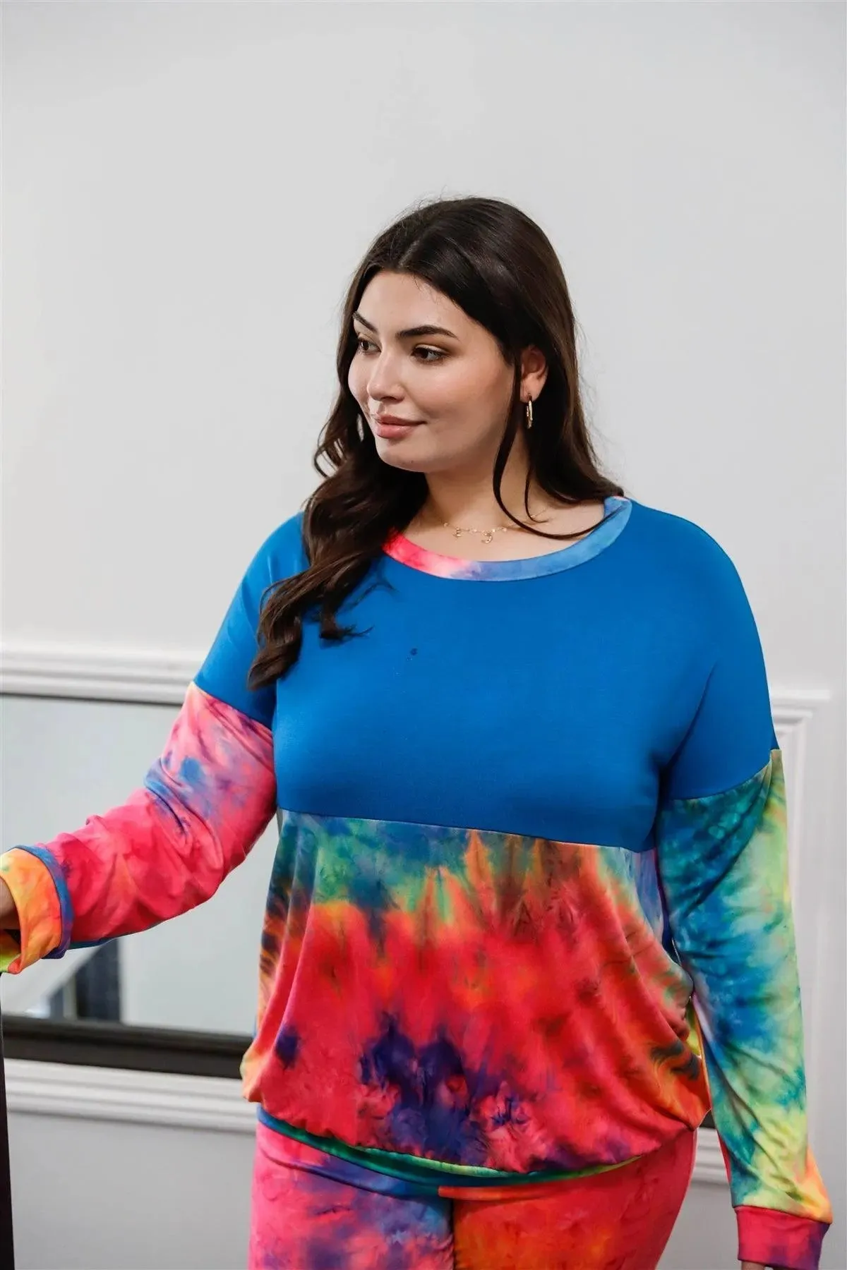 Junior Plus Blue Neon Rainbow Tie-Dye Colorblock Long Sleeve Top & Biker Shorts Set /1-1-1