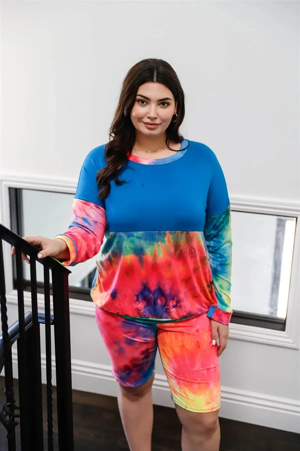 Junior Plus Blue Neon Rainbow Tie-Dye Colorblock Long Sleeve Top & Biker Shorts Set /1-1-1