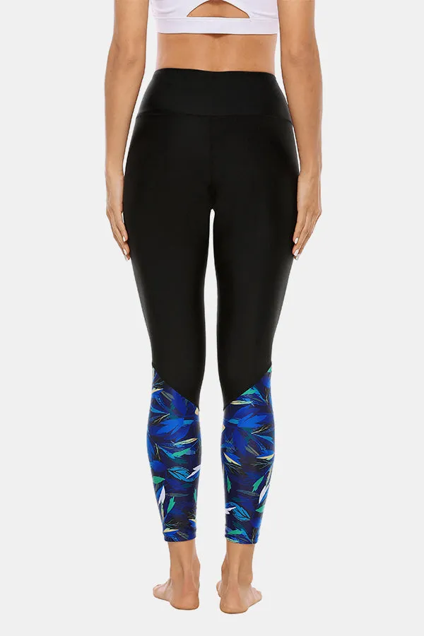 Leaf Print High Waist Long Swim Pants Swim Leggings Swim Tights