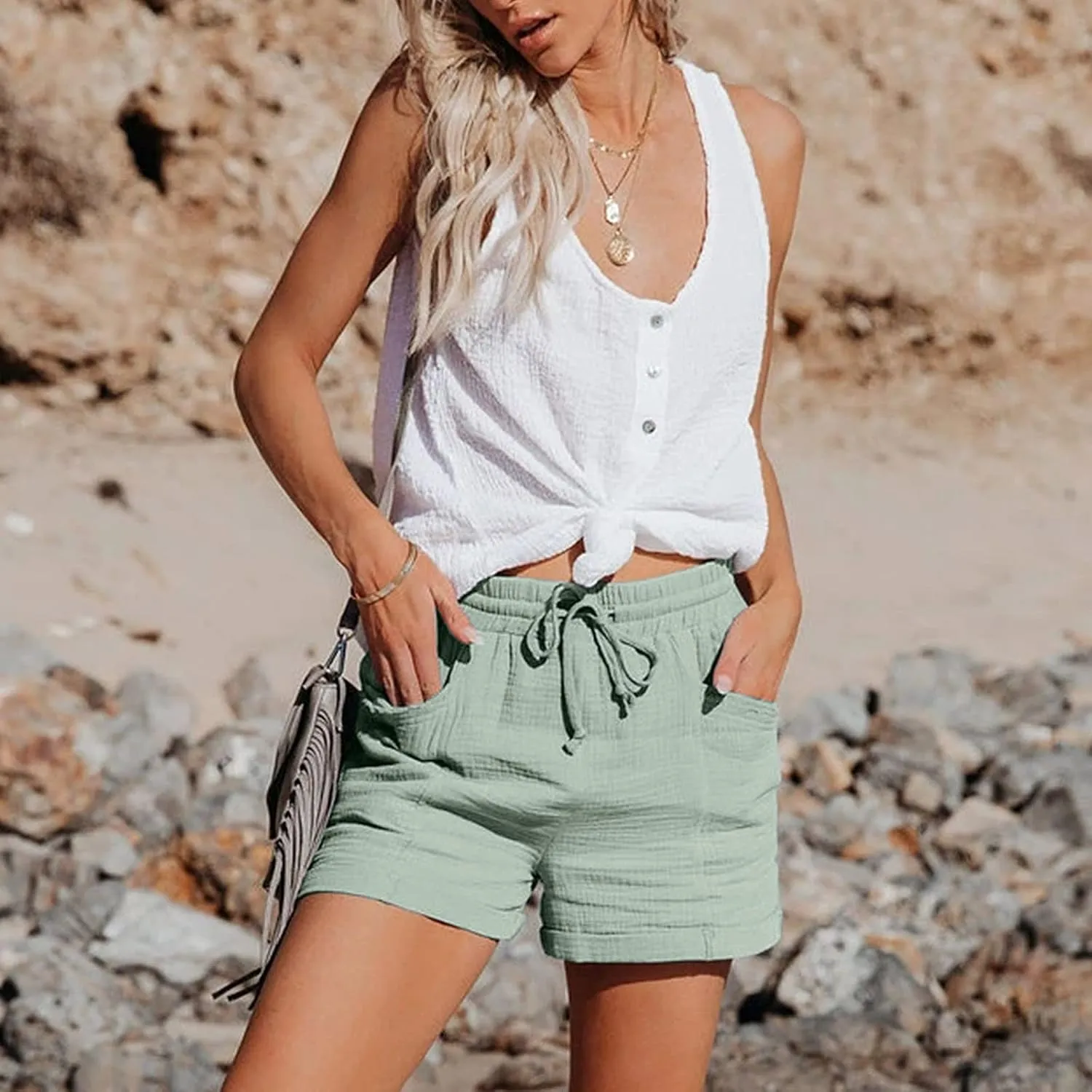 Linen Shorts for Women 2025 Summer Beach Resort Wear Drawstring Elastic High Waist Dressy Casual Shorts with Pockets