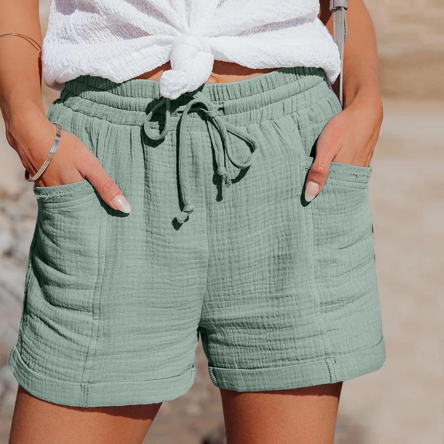 Linen Shorts for Women 2025 Summer Beach Resort Wear Drawstring Elastic High Waist Dressy Casual Shorts with Pockets