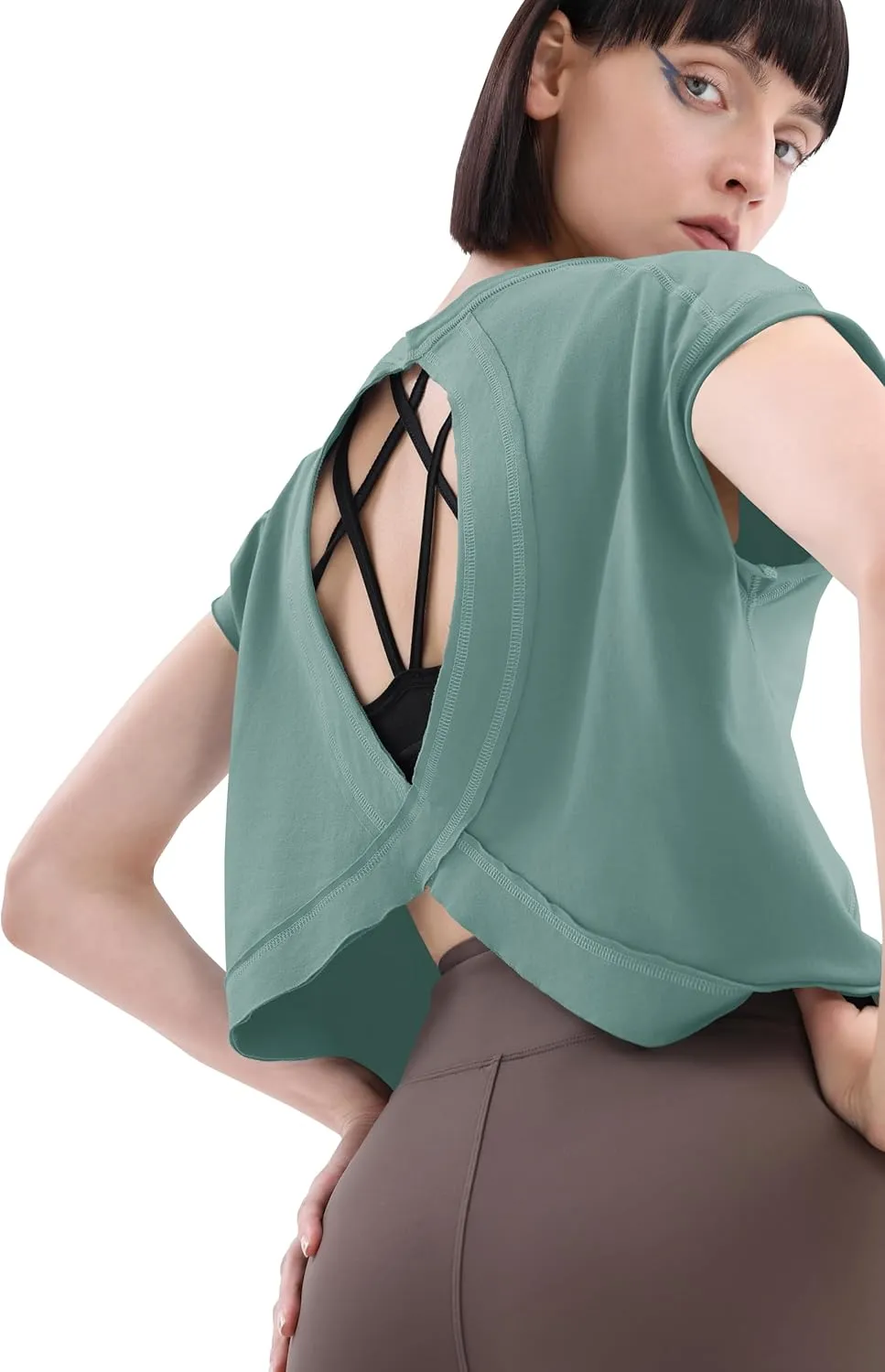 Loovoo Women's Open Back Workout Crop Tops Short Sleeve Yoga Shirts Cute Athletic Running Casual Backless Top Loose Fit