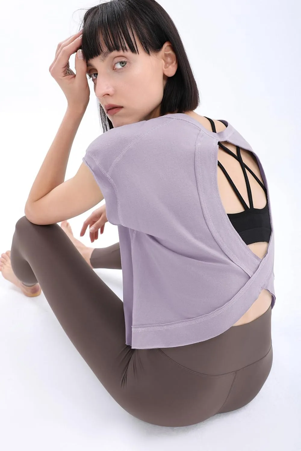 Loovoo Women's Open Back Workout Crop Tops Short Sleeve Yoga Shirts Cute Athletic Running Casual Backless Top Loose Fit