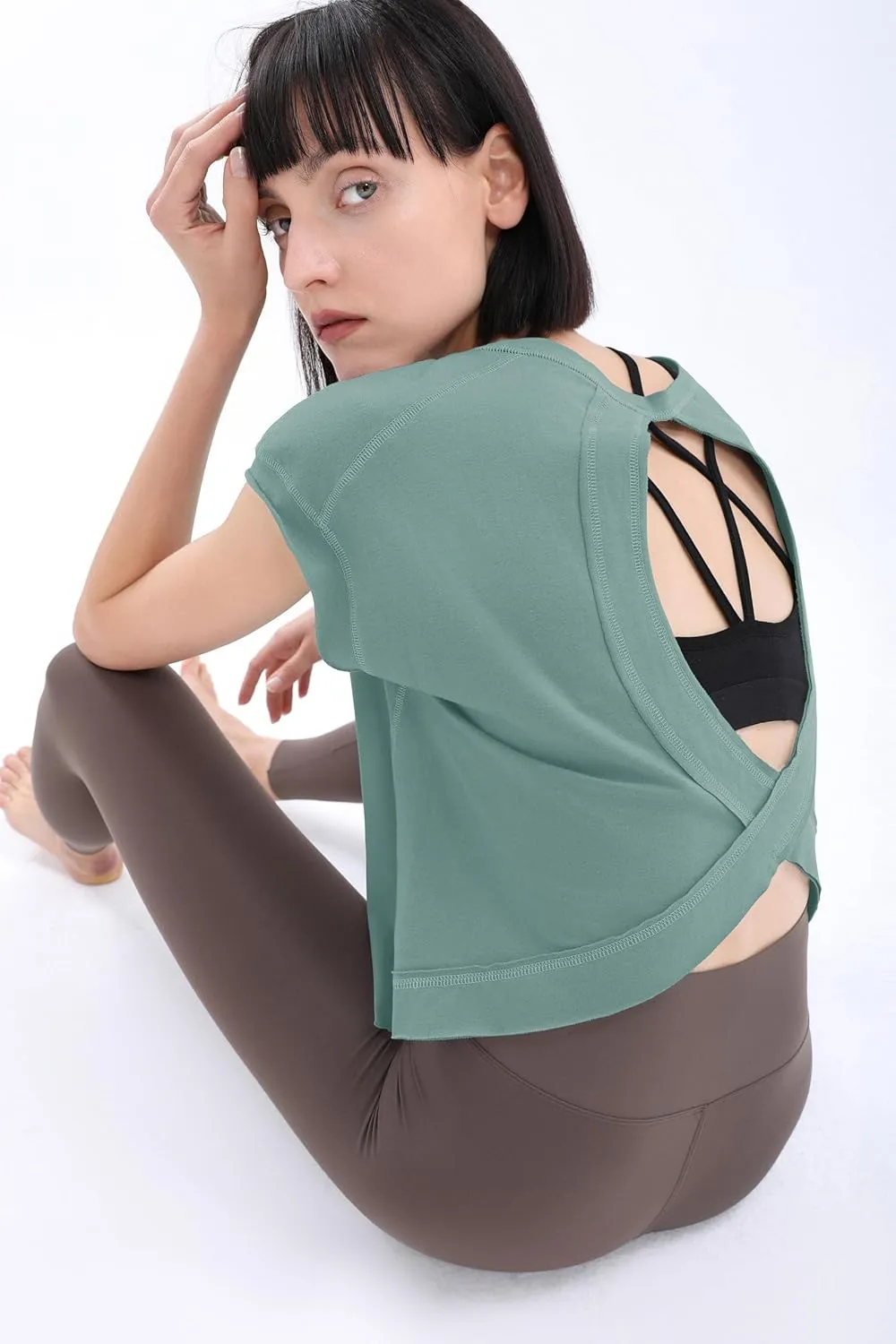Loovoo Women's Open Back Workout Crop Tops Short Sleeve Yoga Shirts Cute Athletic Running Casual Backless Top Loose Fit