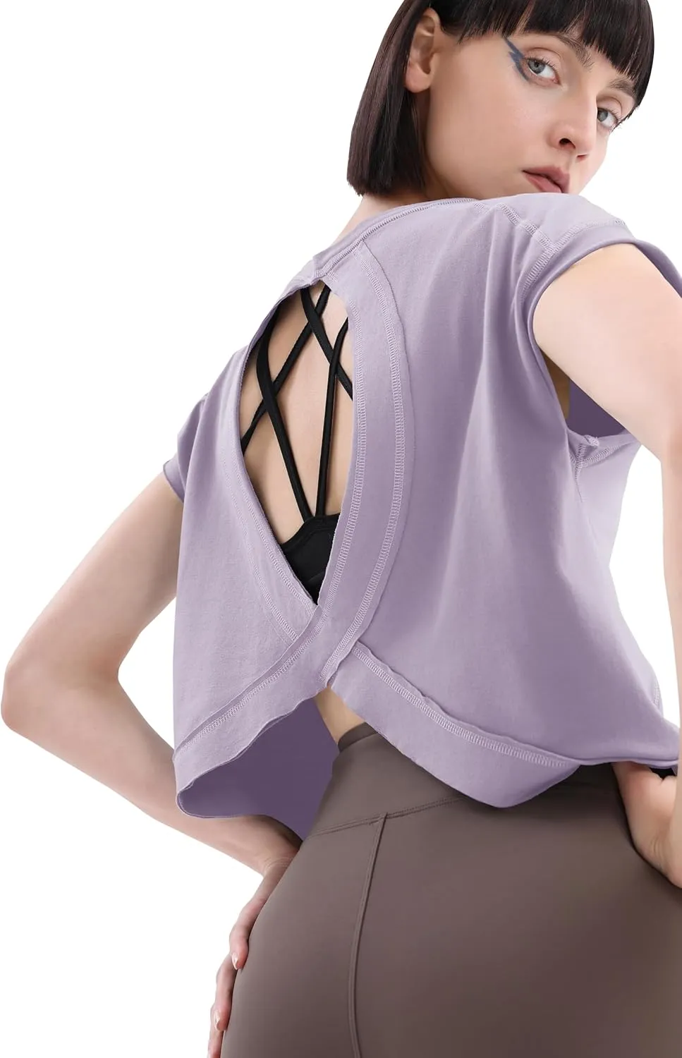 Loovoo Women's Open Back Workout Crop Tops Short Sleeve Yoga Shirts Cute Athletic Running Casual Backless Top Loose Fit