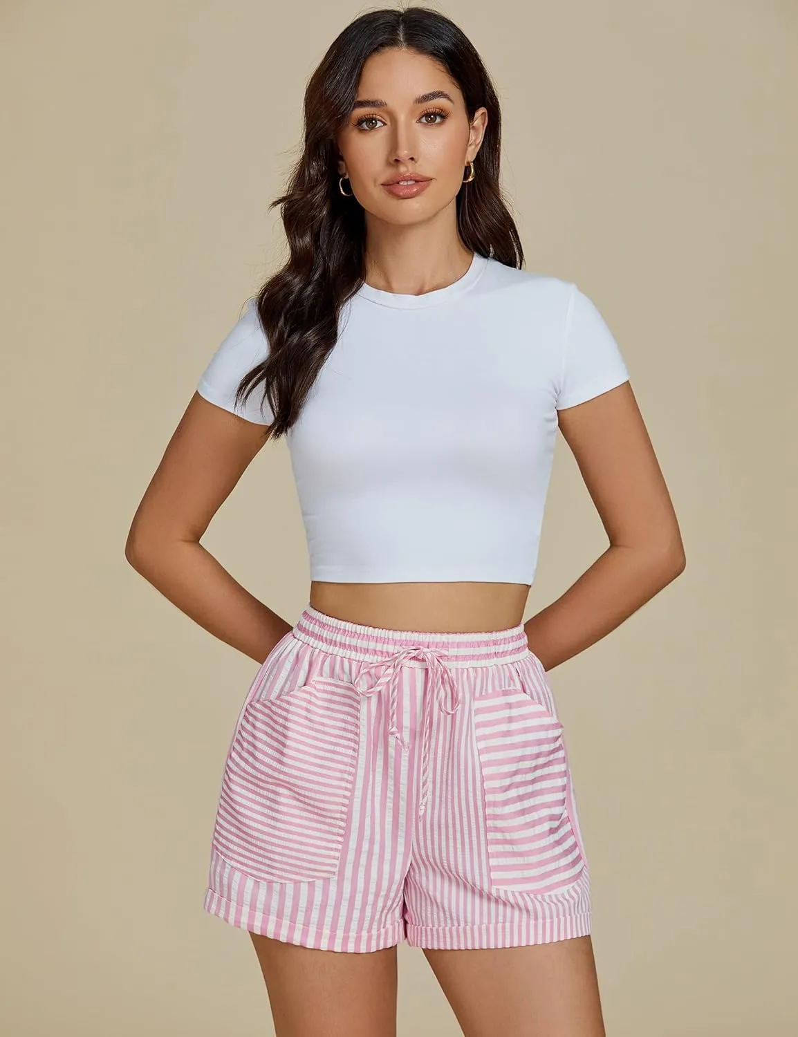 luvamia Striped Shorts for Women High Waisted Trendy Casual Pull On Drawstring Elastic Waist Beach Shorts with Pockets