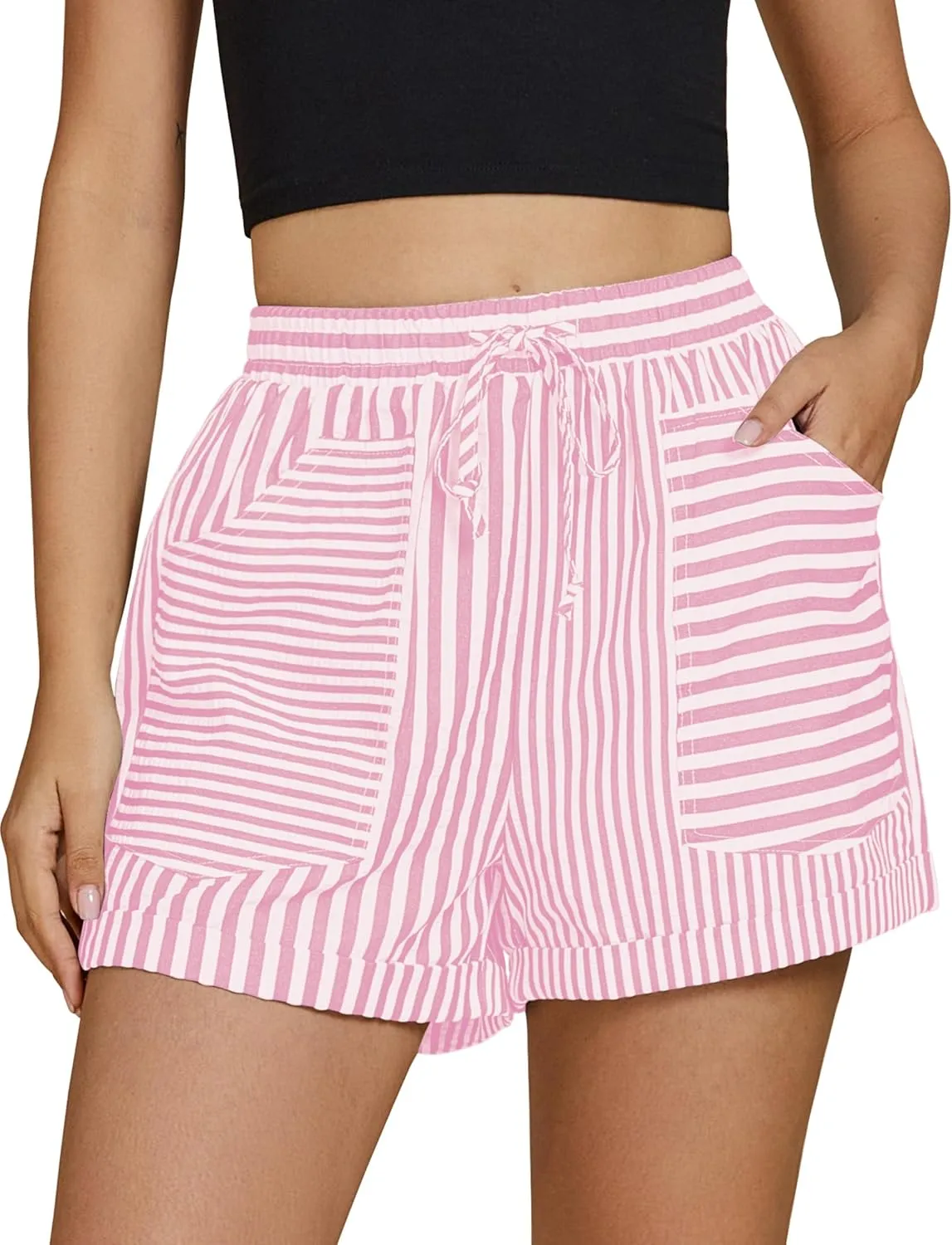 luvamia Striped Shorts for Women High Waisted Trendy Casual Pull On Drawstring Elastic Waist Beach Shorts with Pockets
