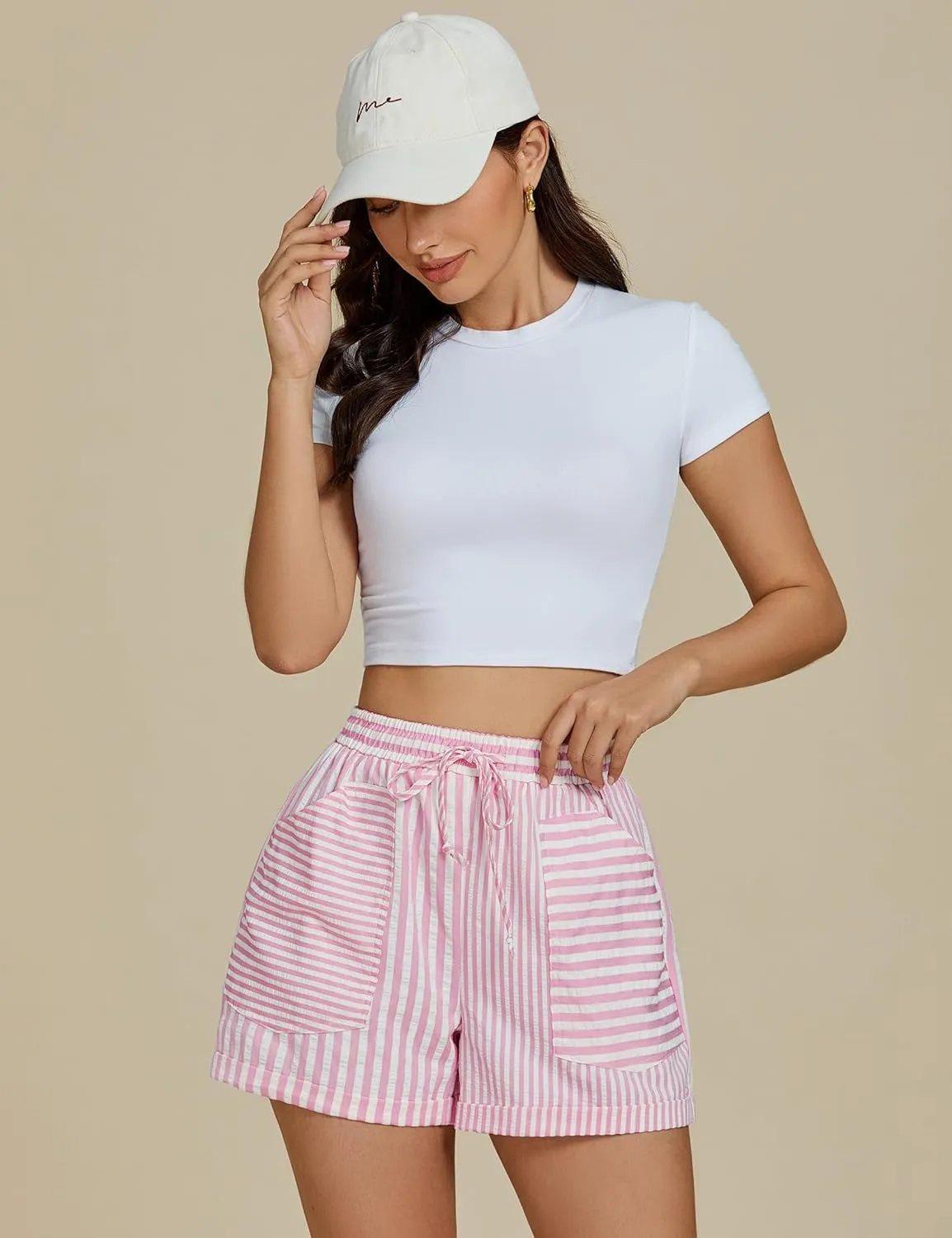 luvamia Striped Shorts for Women High Waisted Trendy Casual Pull On Drawstring Elastic Waist Beach Shorts with Pockets
