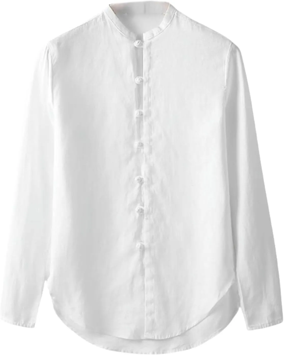 Men's Loose Fit Chinese Style Tang Suit Stand Collar Frog Button Linen Long Sleeve Shirt