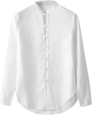 Men's Loose Fit Chinese Style Tang Suit Stand Collar Frog Button Linen Long Sleeve Shirt