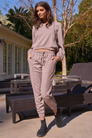 Mocha Inside-Out Detail Long Sleeve Raw Hem V-Neck Relaxed Fit Hooded Sweatshirt 2 Piece Set /3-2-1