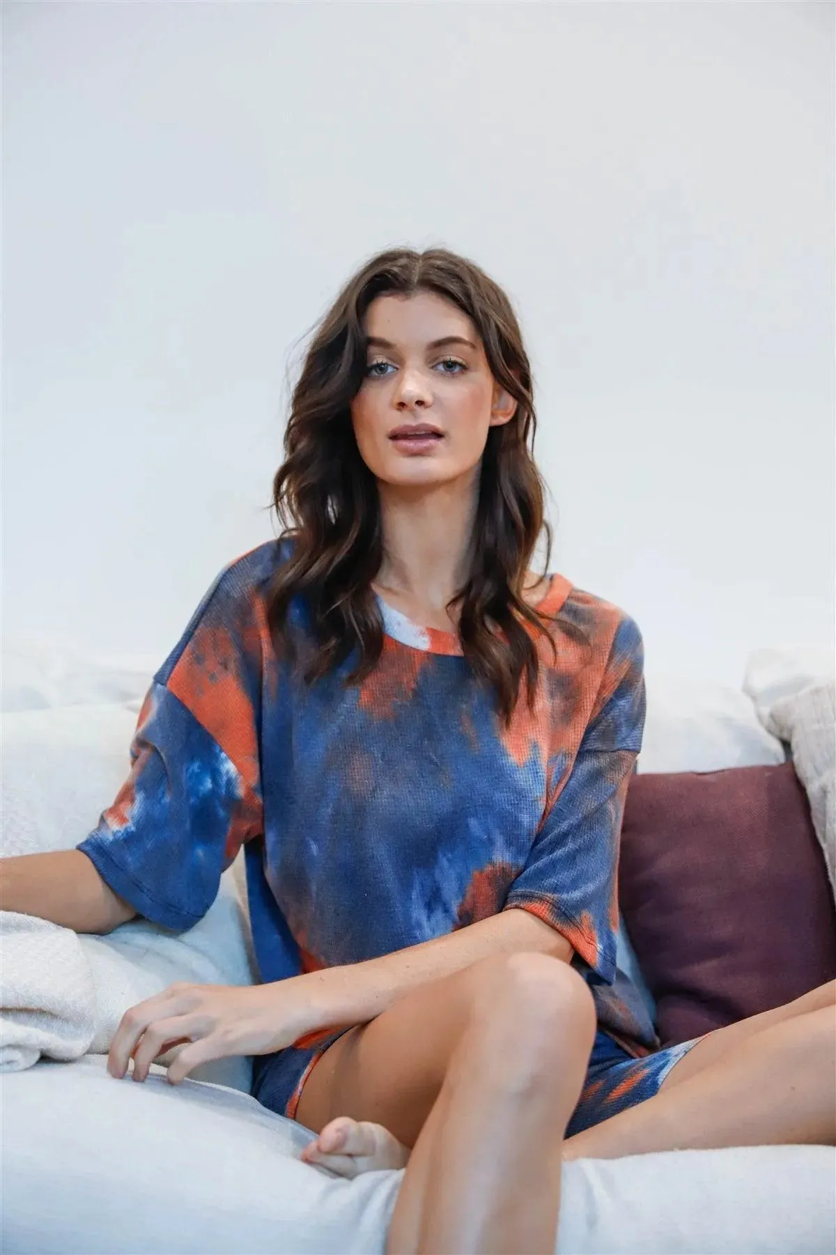 Navy Rust Tie-Dye Waffle-Knit Crewneck T-Shirt & Biker Shorts Set /1-1-1