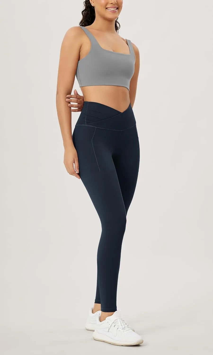 ODODOS Women's Gathered Cross Waist Yoga Leggings with Pockets, 25" / 28" Crossover Workout Yoga Pants