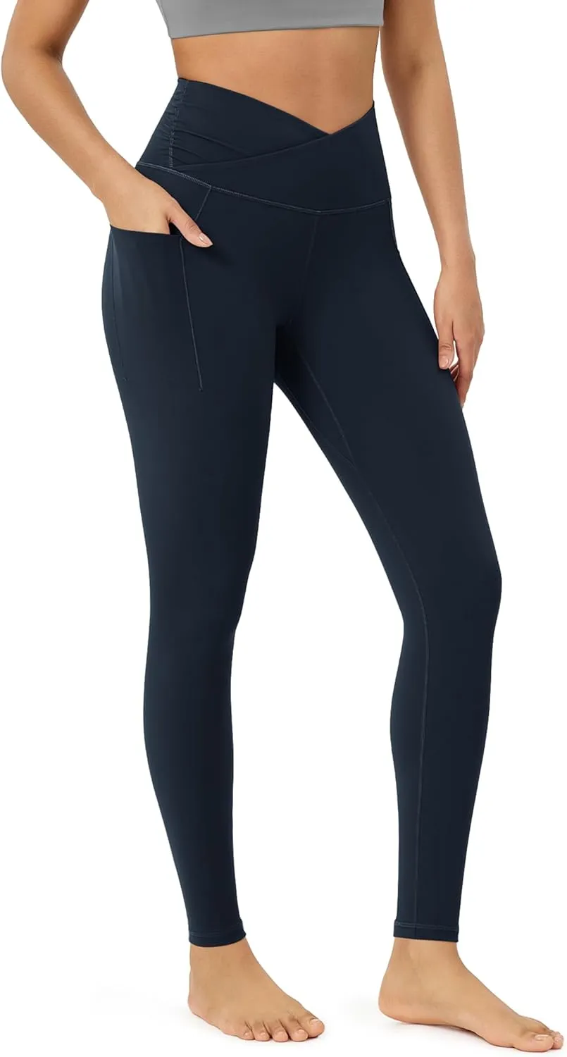 ODODOS Women's Gathered Cross Waist Yoga Leggings with Pockets, 25" / 28" Crossover Workout Yoga Pants