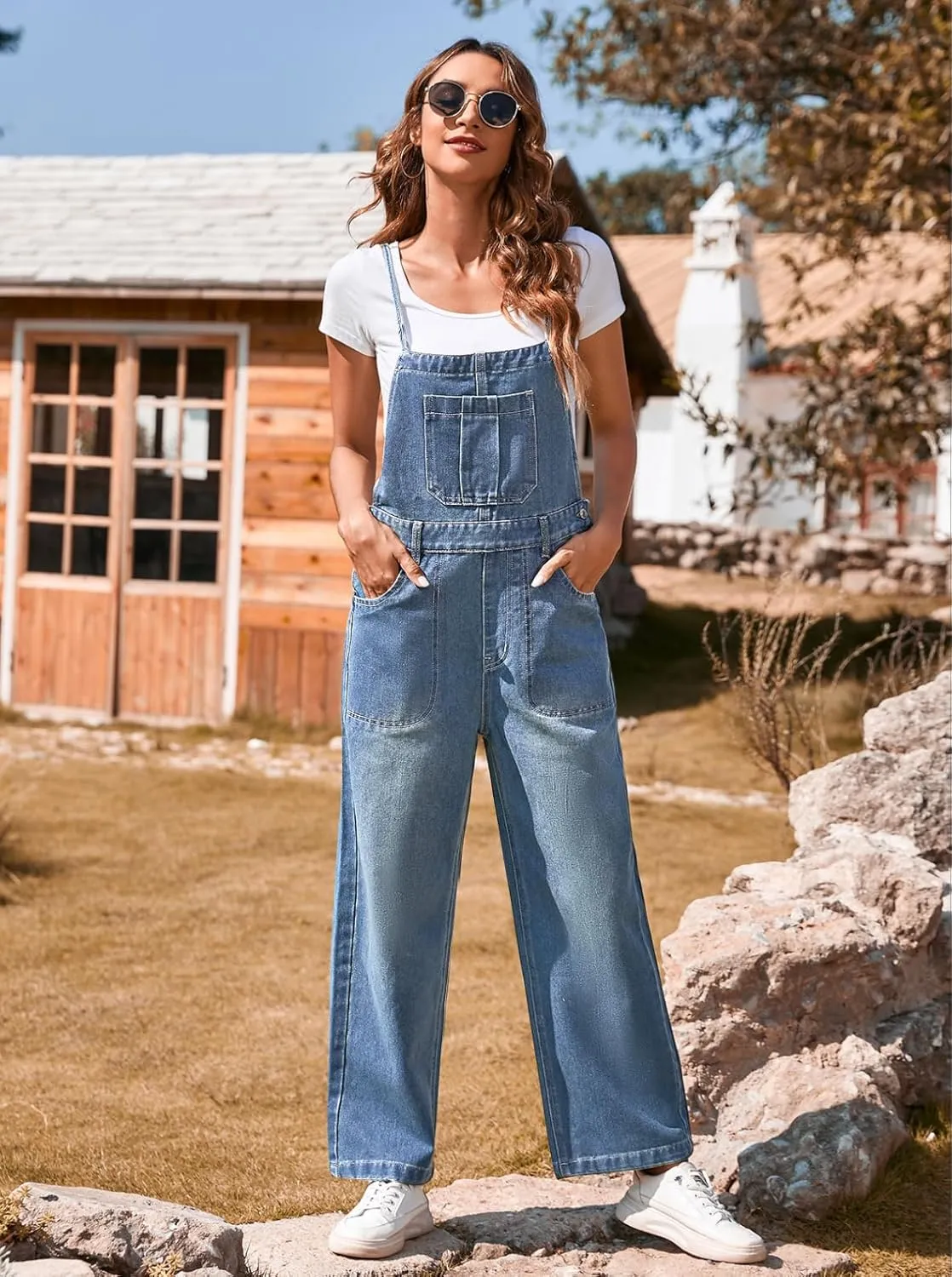 Pink Queen Women's Denim Bib Overalls Casual Loose Adjustable Straps Wide Legs High Waist Jean Pants Jumpsuits with Pockets