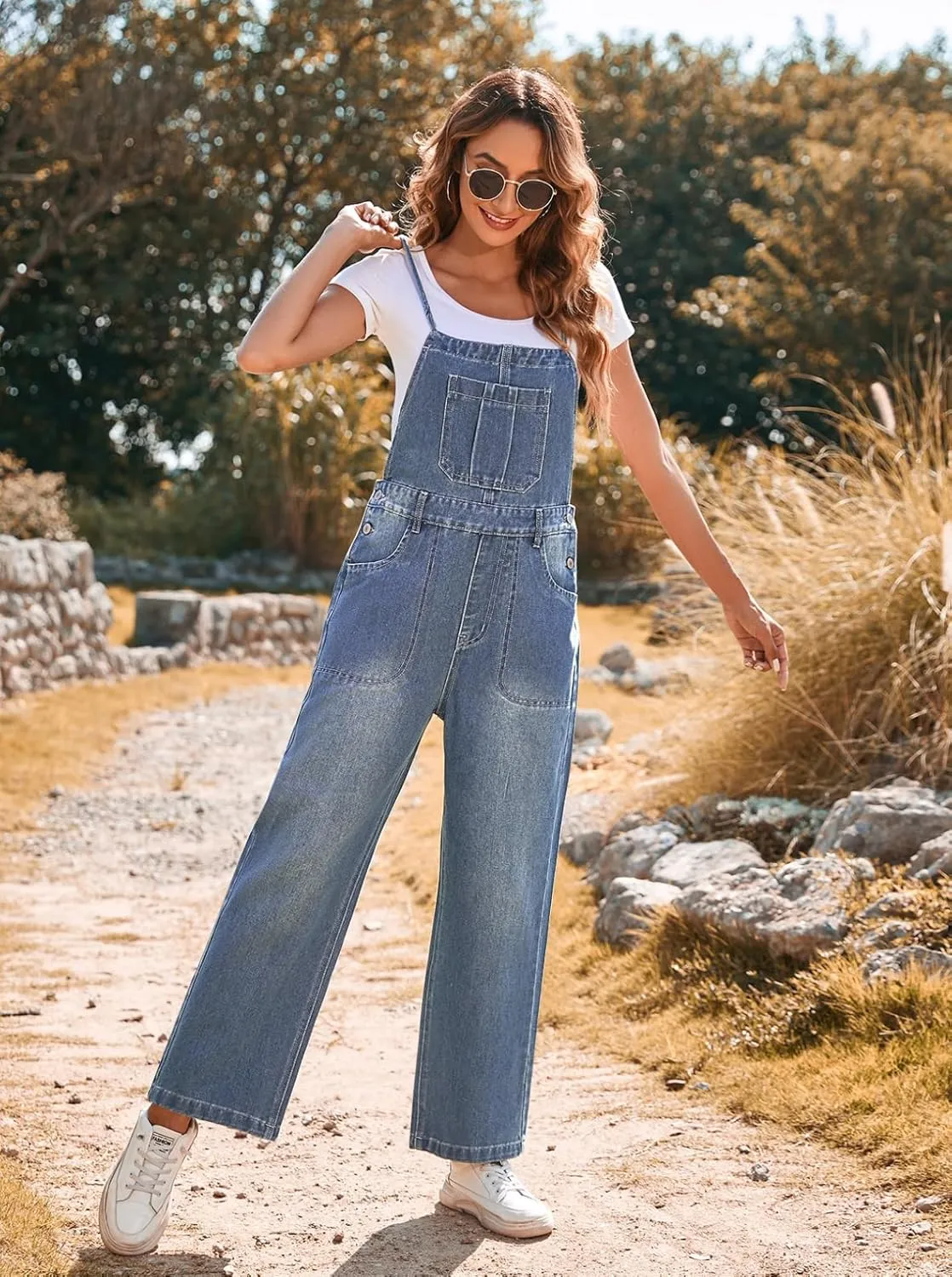 Pink Queen Women's Denim Bib Overalls Casual Loose Adjustable Straps Wide Legs High Waist Jean Pants Jumpsuits with Pockets
