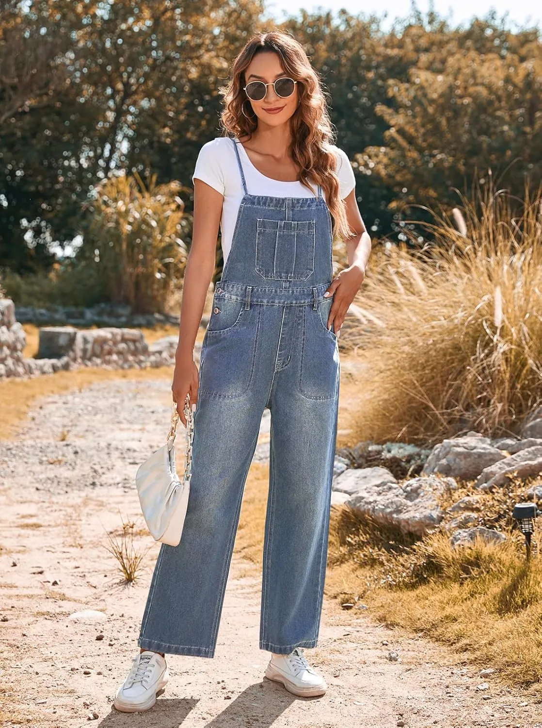 Pink Queen Women's Denim Bib Overalls Casual Loose Adjustable Straps Wide Legs High Waist Jean Pants Jumpsuits with Pockets