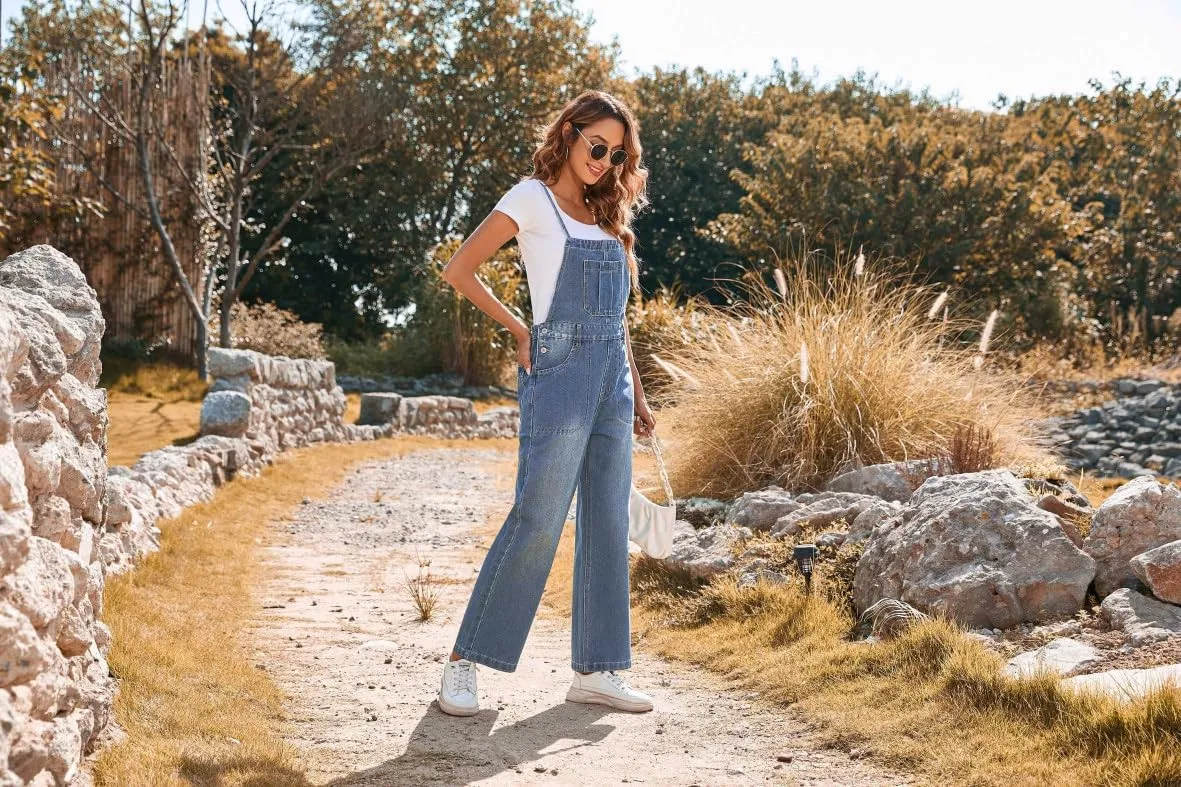 Pink Queen Women's Denim Bib Overalls Casual Loose Adjustable Straps Wide Legs High Waist Jean Pants Jumpsuits with Pockets