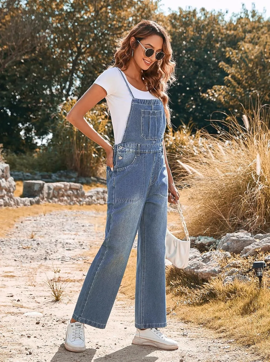 Pink Queen Women's Denim Bib Overalls Casual Loose Adjustable Straps Wide Legs High Waist Jean Pants Jumpsuits with Pockets