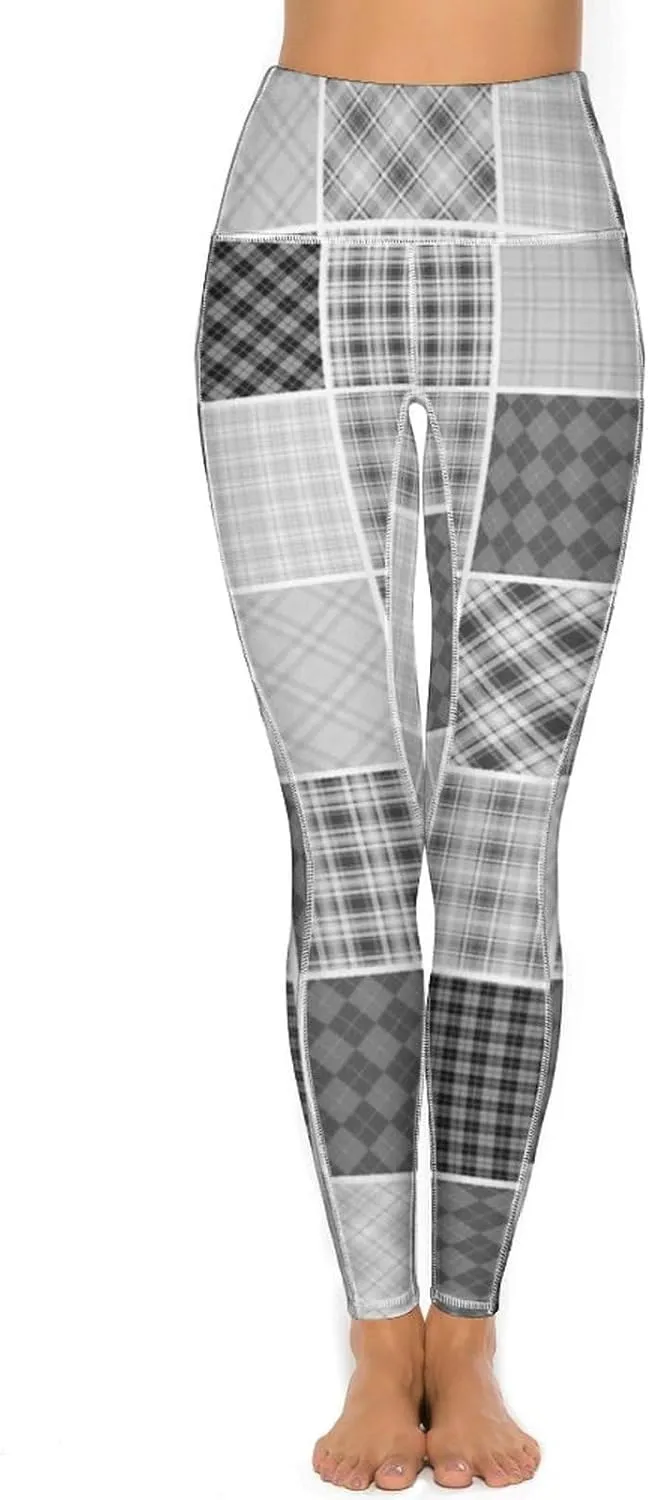 Plaid Patchwork Women's High Waisted Yoga Leggings with Pockets Workout Yoga Pants