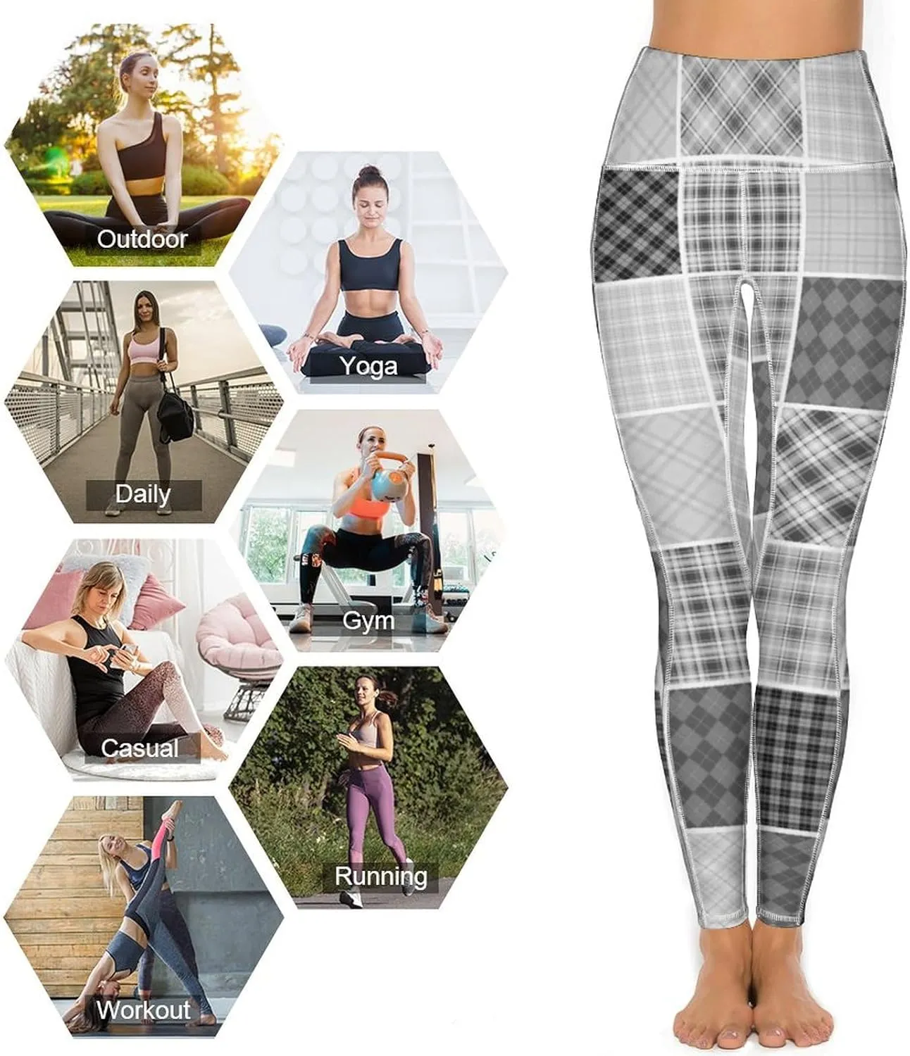 Plaid Patchwork Women's High Waisted Yoga Leggings with Pockets Workout Yoga Pants