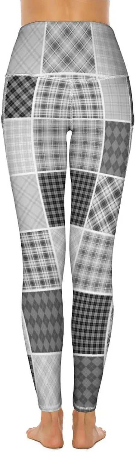 Plaid Patchwork Women's High Waisted Yoga Leggings with Pockets Workout Yoga Pants