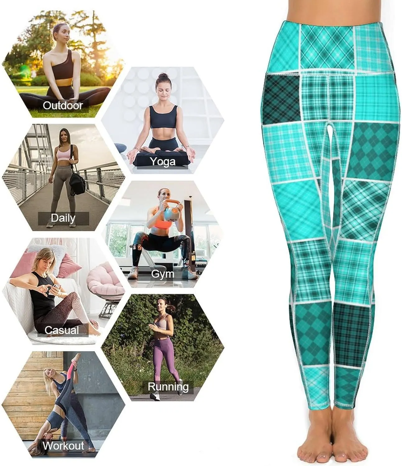Plaid Patchwork Women's High Waisted Yoga Leggings with Pockets Workout Yoga Pants