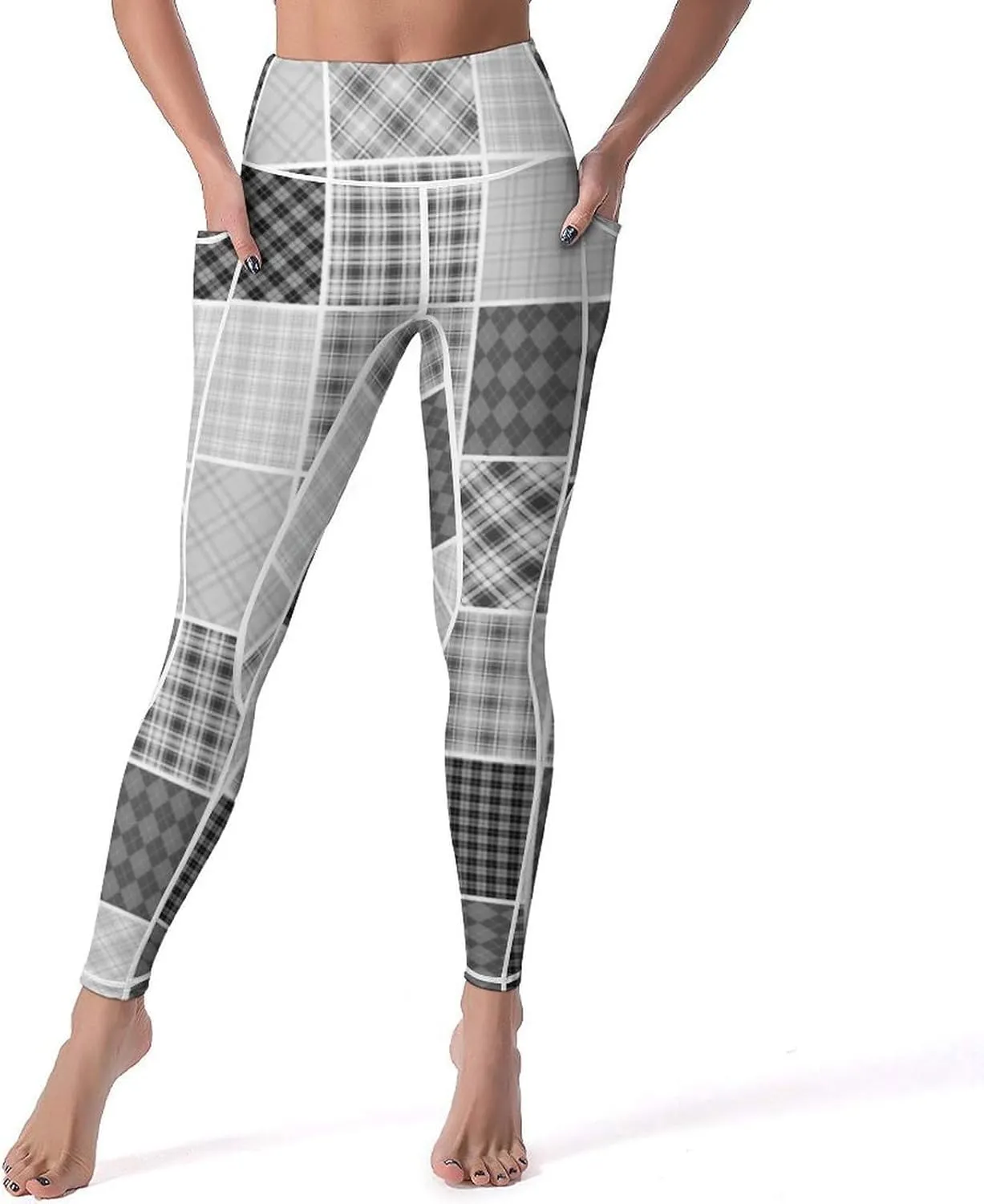 Plaid Patchwork Women's High Waisted Yoga Leggings with Pockets Workout Yoga Pants