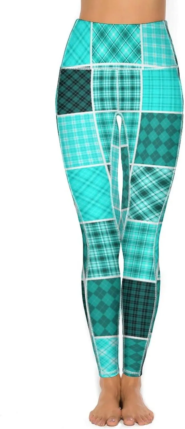Plaid Patchwork Women's High Waisted Yoga Leggings with Pockets Workout Yoga Pants