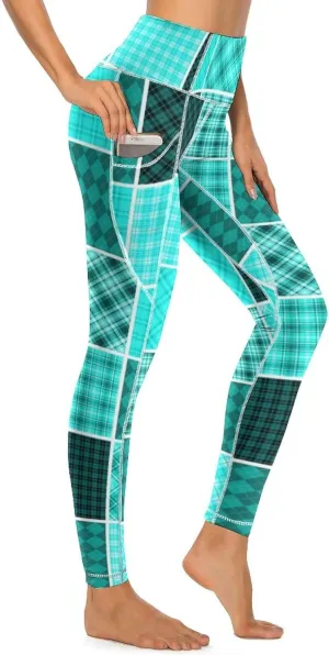 Plaid Patchwork Women's High Waisted Yoga Leggings with Pockets Workout Yoga Pants