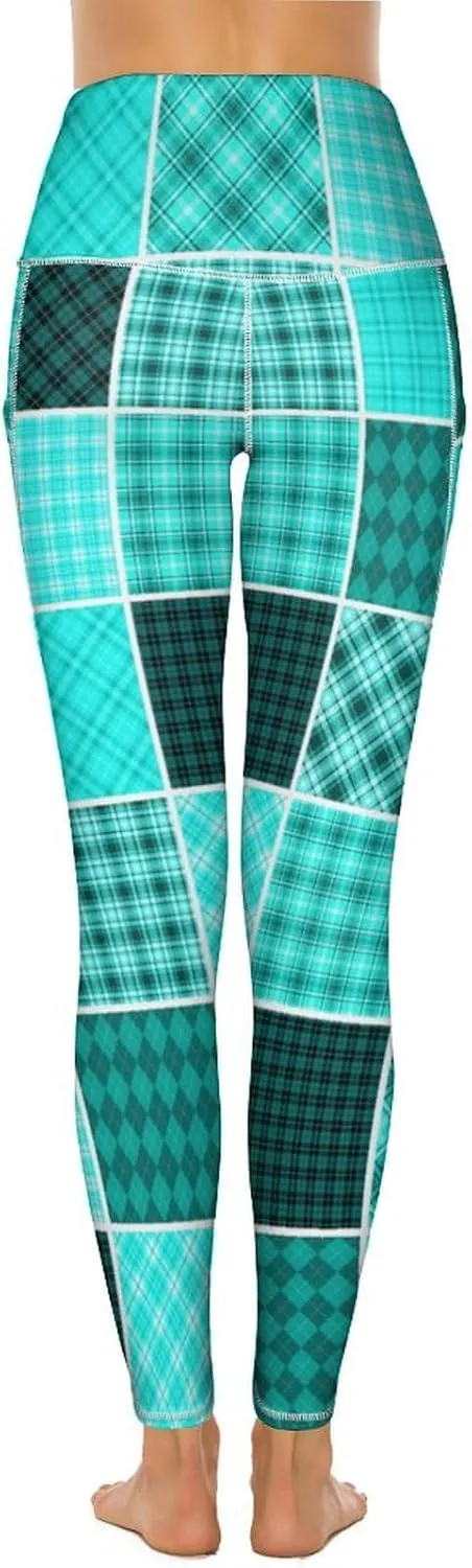 Plaid Patchwork Women's High Waisted Yoga Leggings with Pockets Workout Yoga Pants