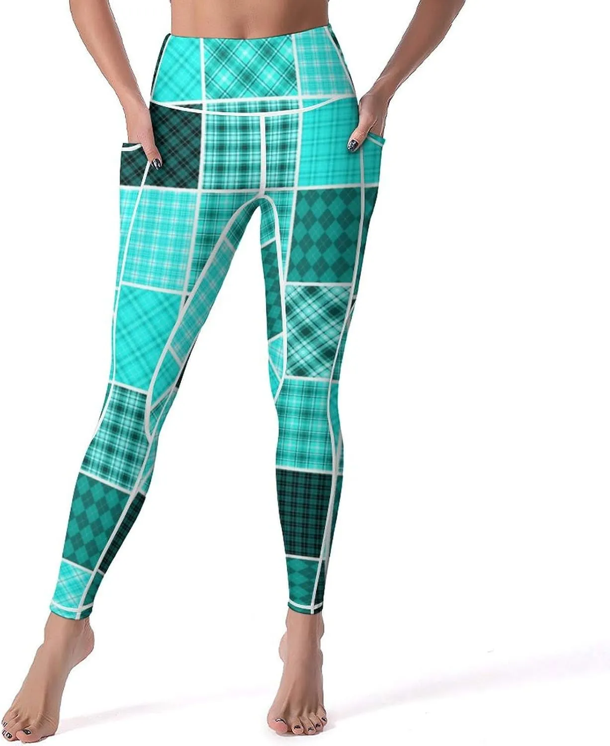 Plaid Patchwork Women's High Waisted Yoga Leggings with Pockets Workout Yoga Pants