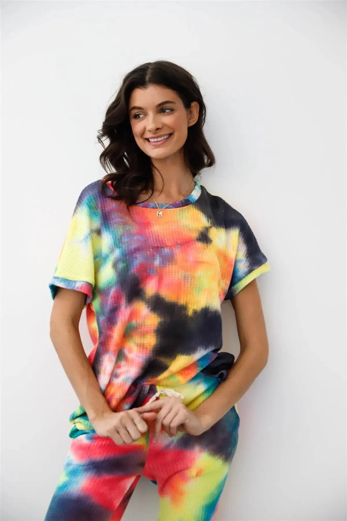 Rainbow Tie-Dye Waffle Loose T-Shirt & Sweatpants Set /1-1-1