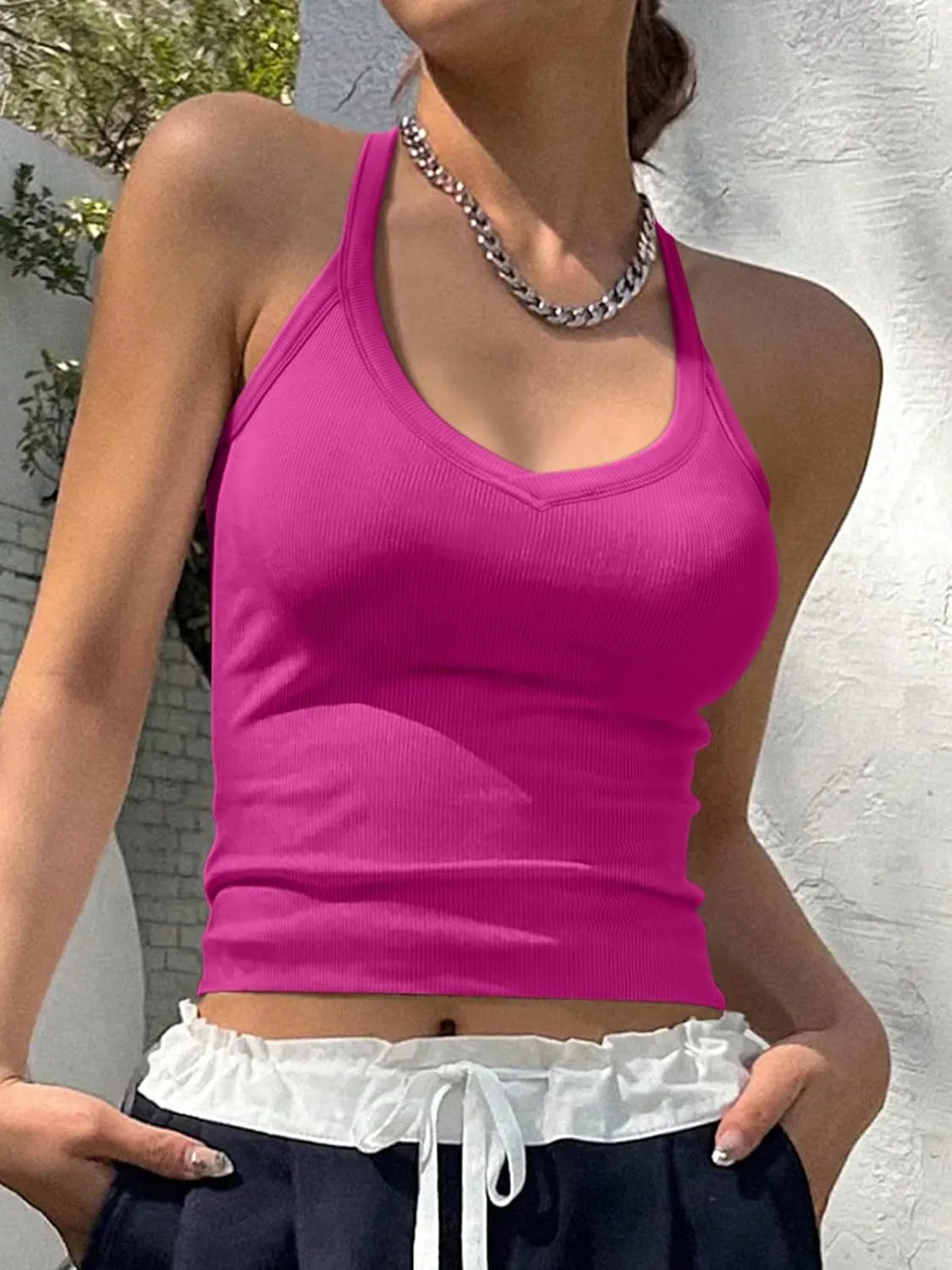 REORIA Womens Workout Tank Tops V Neck Racerback Going Out Crop 2025 Trendy Top Summer Sleeveless Ribbed Camisole