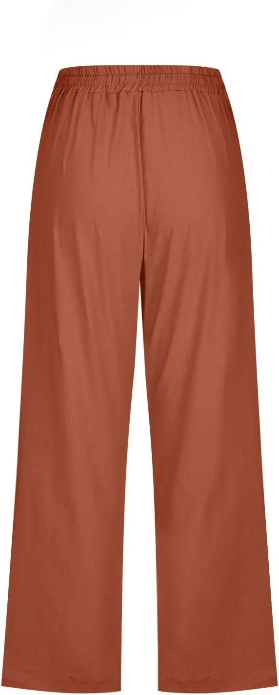 RKSTN Summer Capri Pants for Women Casual Cotton Linen Pants Straight Leg Vacation Beach Crop Pant with Pockets