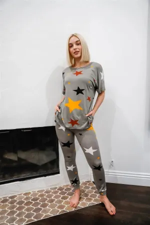 Sage Multi Color Star Print Short Sleeve Top & Sweatpants Set