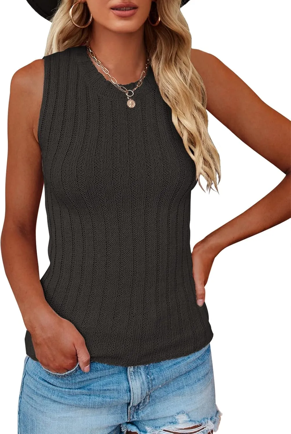 Saodimallsu Womens High Neck Tank Top Summer Ribbed Sleeveless Shirts Casual Loose Knit Cami Sweater Vest