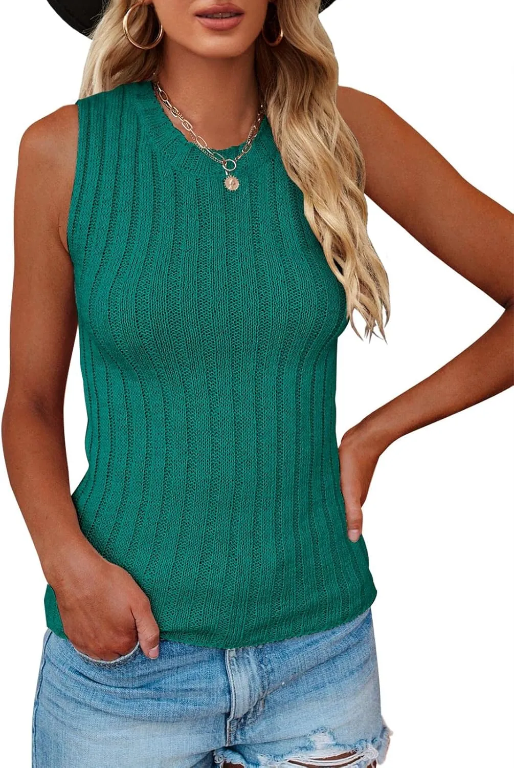 Saodimallsu Womens High Neck Tank Top Summer Ribbed Sleeveless Shirts Casual Loose Knit Cami Sweater Vest