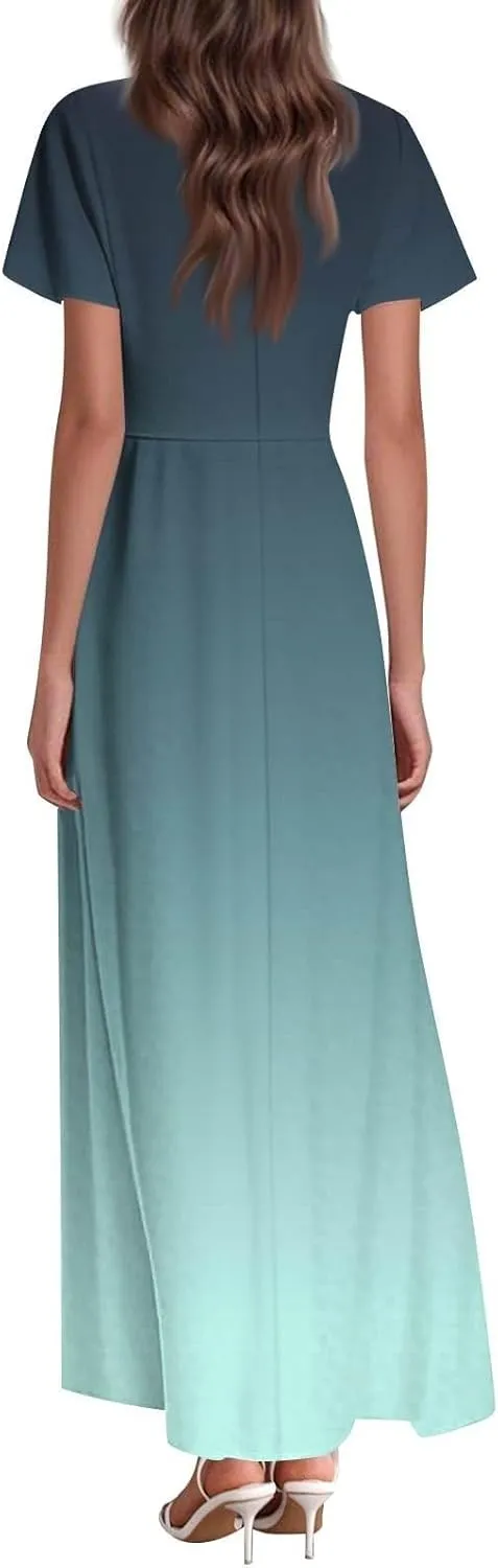 Summer Dresses for Women Elegant V-Neck Short Sleeve Long Maxi Dress Solid/Floral Printed Cocktail Party Dresses