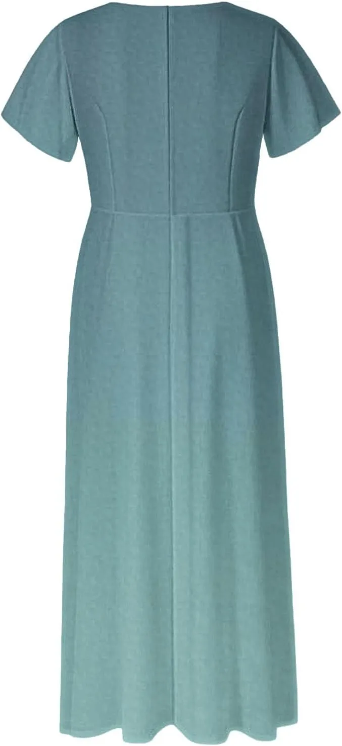 Summer Dresses for Women Elegant V-Neck Short Sleeve Long Maxi Dress Solid/Floral Printed Cocktail Party Dresses