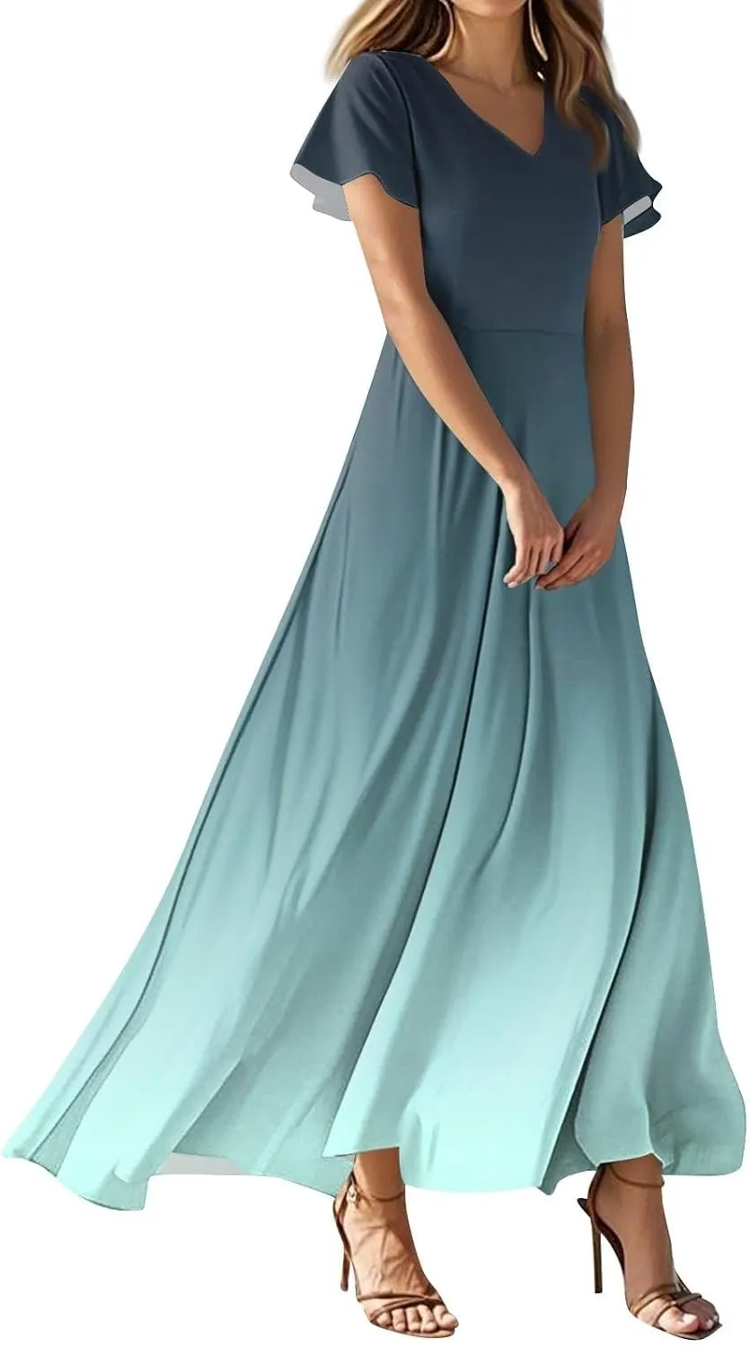 Summer Dresses for Women Elegant V-Neck Short Sleeve Long Maxi Dress Solid/Floral Printed Cocktail Party Dresses