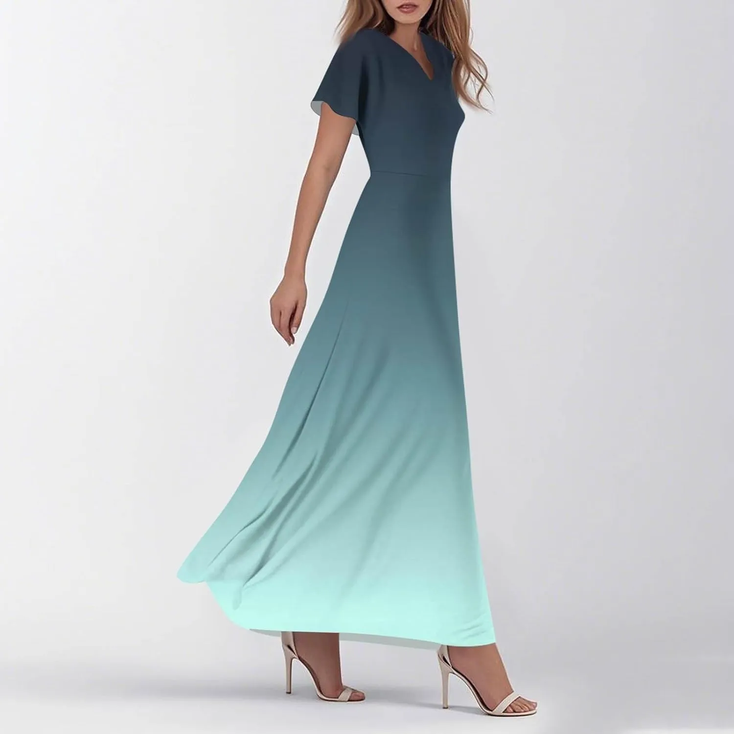Summer Dresses for Women Elegant V-Neck Short Sleeve Long Maxi Dress Solid/Floral Printed Cocktail Party Dresses