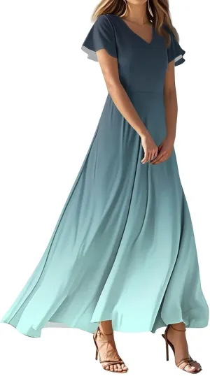 Summer Dresses for Women Elegant V-Neck Short Sleeve Long Maxi Dress Solid/Floral Printed Cocktail Party Dresses