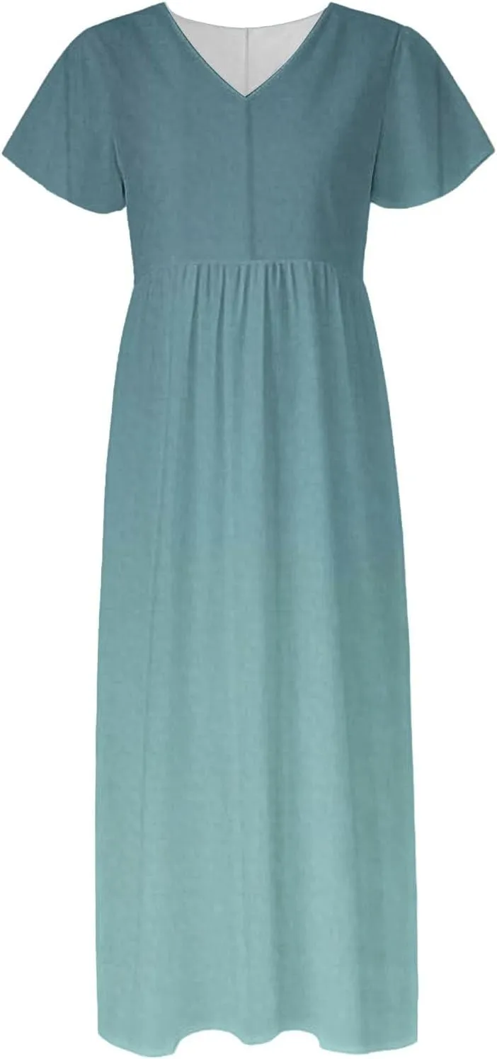 Summer Dresses for Women Elegant V-Neck Short Sleeve Long Maxi Dress Solid/Floral Printed Cocktail Party Dresses