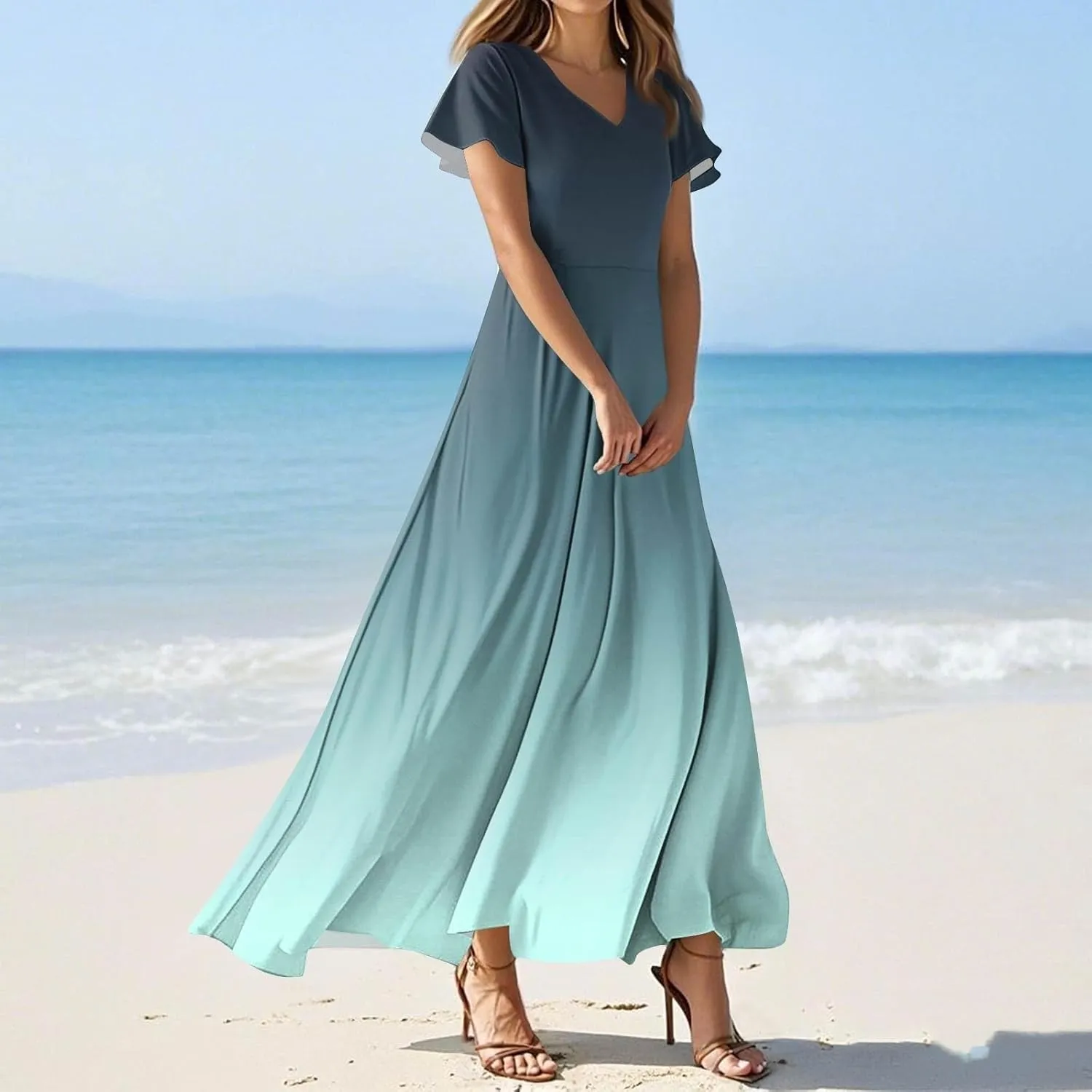 Summer Dresses for Women Elegant V-Neck Short Sleeve Long Maxi Dress Solid/Floral Printed Cocktail Party Dresses