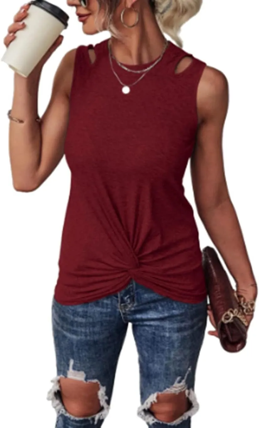 Tank Top for Women Twist Front Tops Cut Out Sleeveless Blouse Cold Shoulder Summer Casual Vest Cropped Tee Shirts