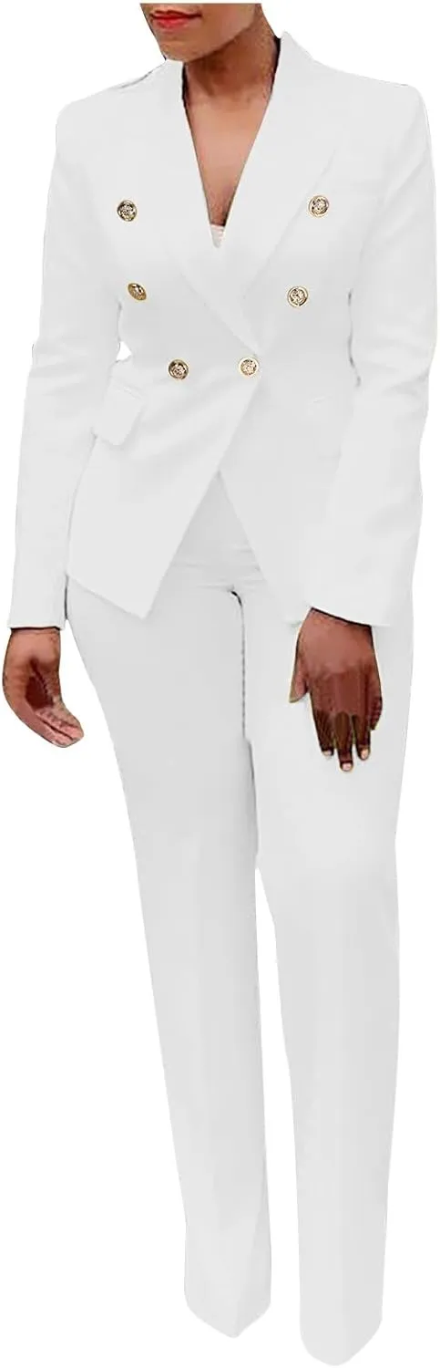 Two Piece Blazer Sets for Women Elegant Double Breasted Blazers   Pants Slim Fit Notch Lapel Solid Business Suit Sets