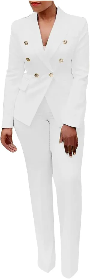 Two Piece Blazer Sets for Women Elegant Double Breasted Blazers   Pants Slim Fit Notch Lapel Solid Business Suit Sets