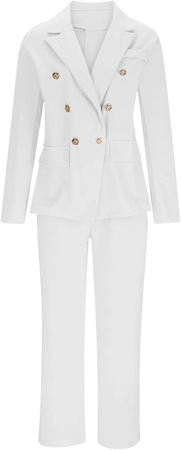 Two Piece Blazer Sets for Women Elegant Double Breasted Blazers   Pants Slim Fit Notch Lapel Solid Business Suit Sets