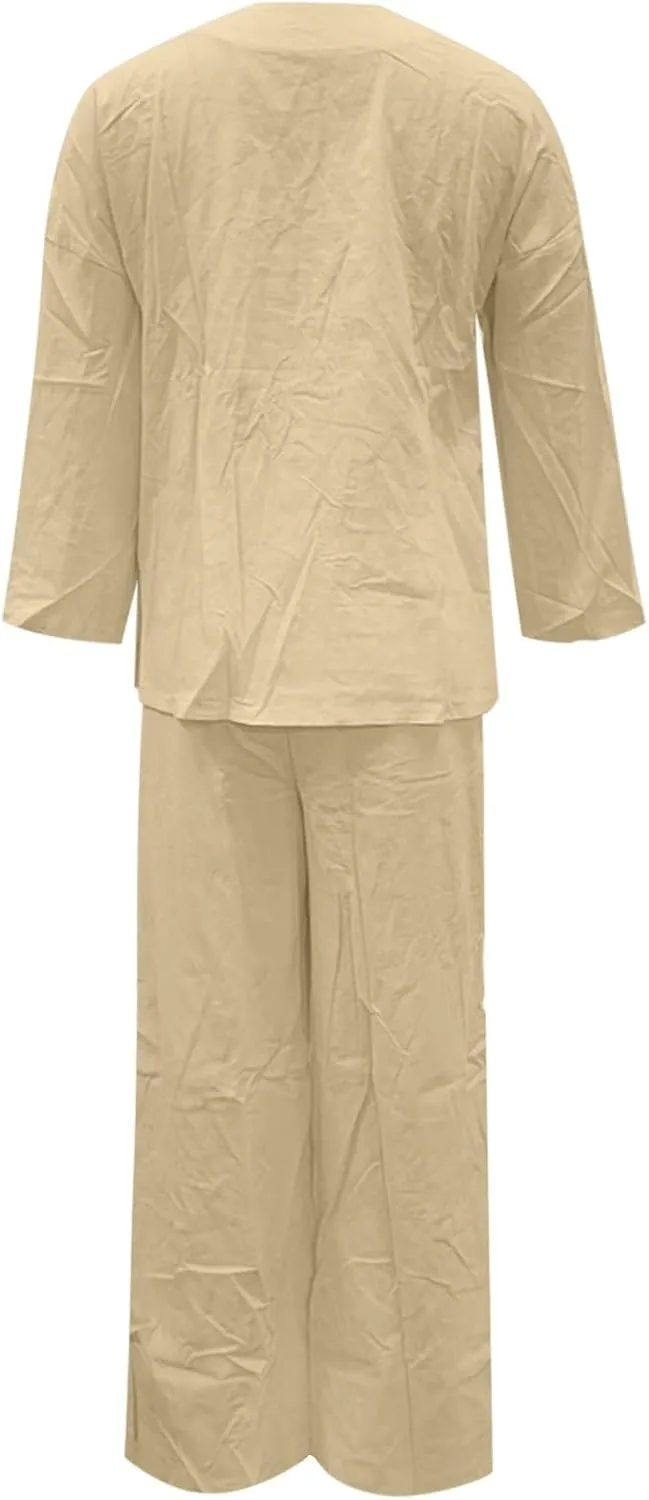 Two Piece Linen Sets For Women Pants Plus Size Travel Outfits Loose Lounge Sets Summer Casual Jogger Pants Suit